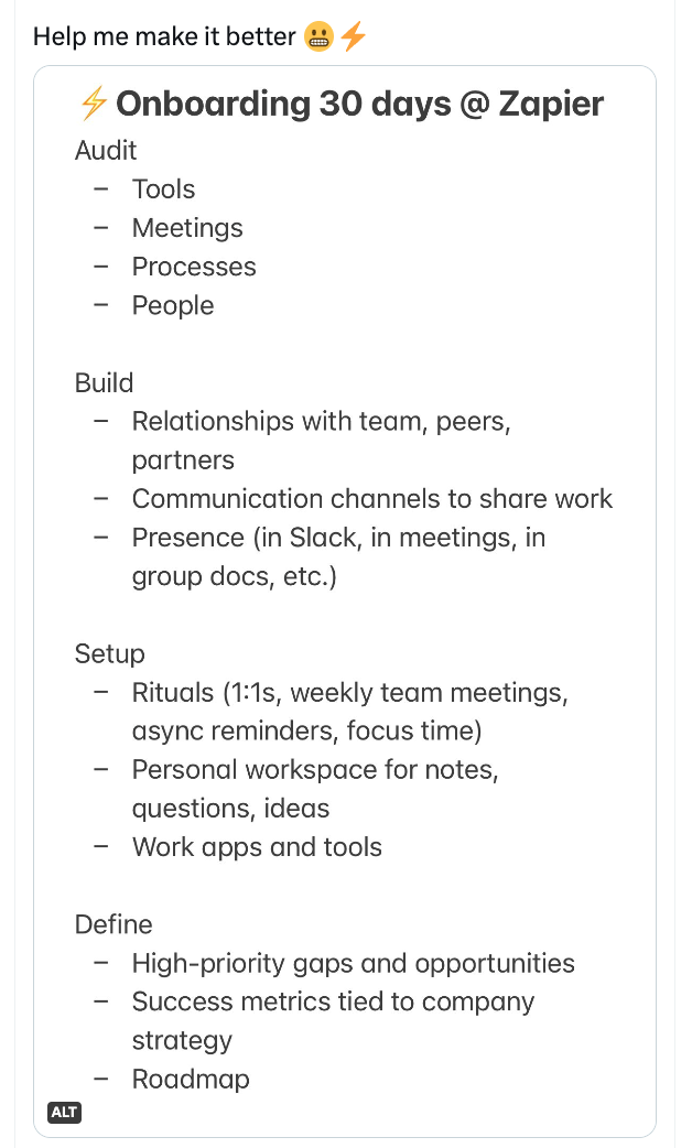 Twitter screenshot of above 30 day plan for onboarding at Zapier