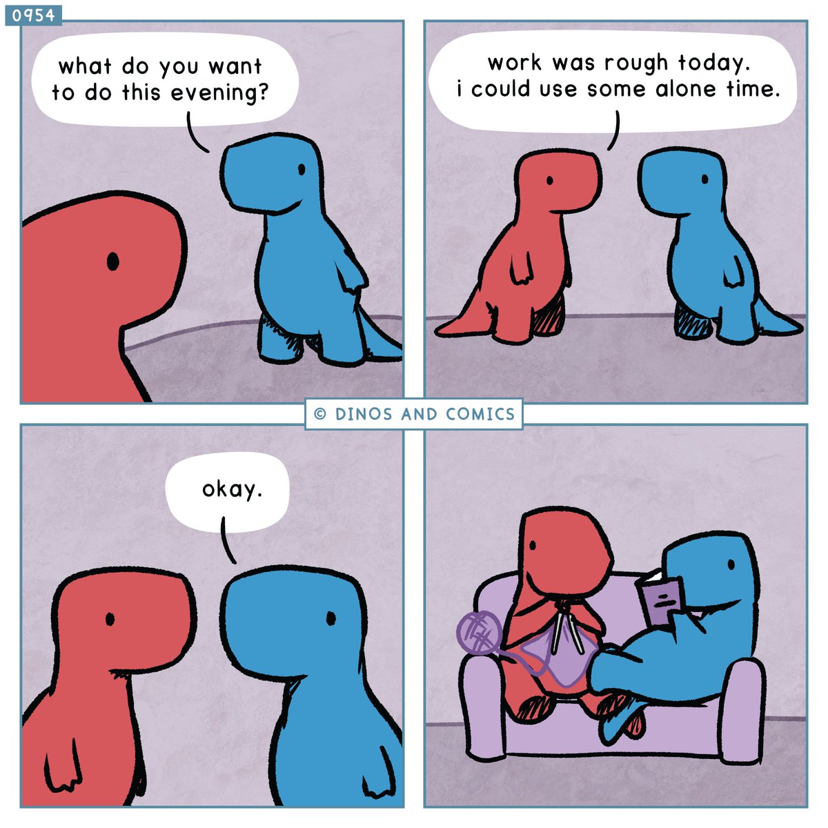 Alone time red dinosaur, blue dinosaur are sitting on a couch knitting and reading after a long day of work in a 4 panel comic strip