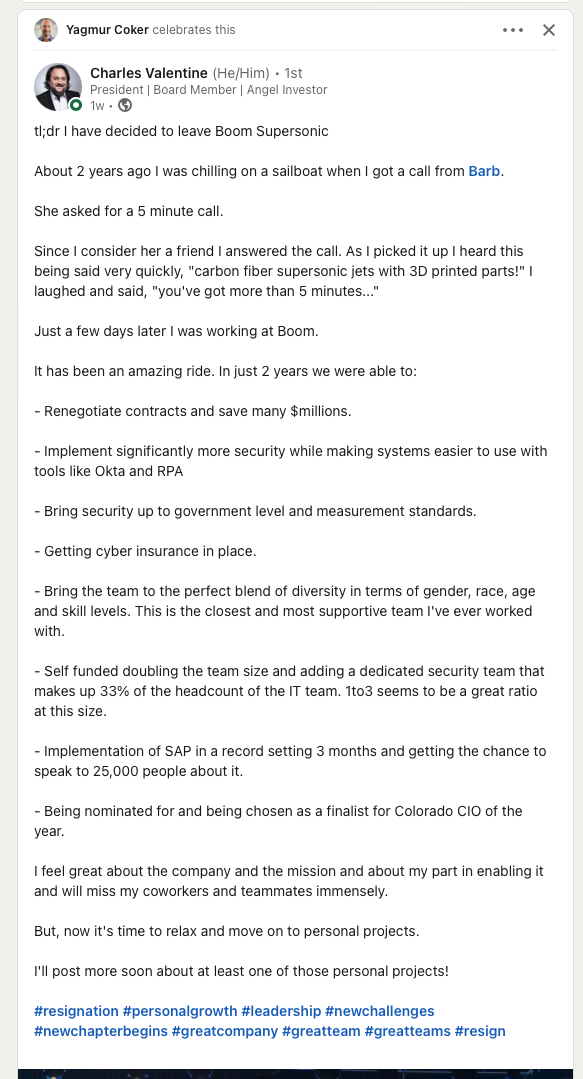 Screenshot of a post I found on linkedin highlight accomplishments of a cio in 2 years. Amazing!