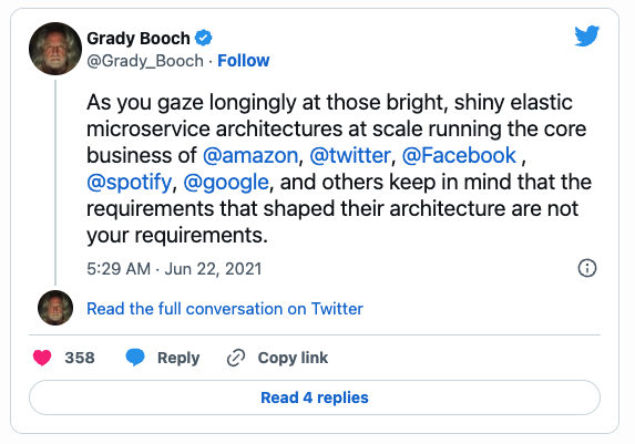 As you gaze longingly at those bright, shiny elastic microservice architectures at scale running the core business of Facebook, Amazon, Netflix, and Twitter, keep in mind that the requirements that shaped their architecture are not your requirements