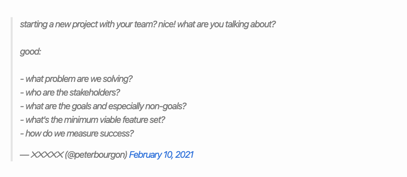 Starting a new project with your team? Nice! Good things to talk about are: What problem are we solving? Who are the stakeholders? What are the goals and especially non-goals? What's the minimum viable feature set? How do we measure success?