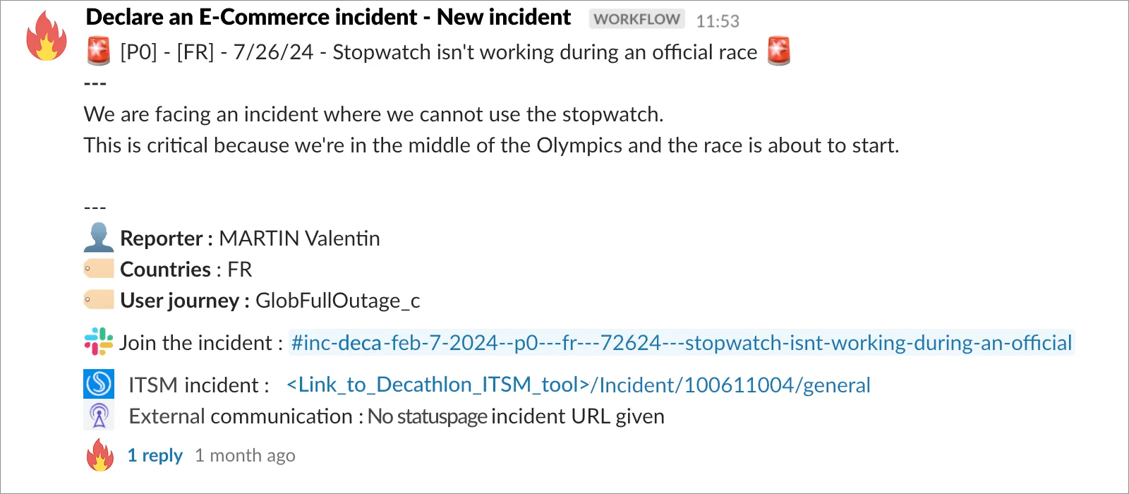 Incident declare form slack message to incident channel