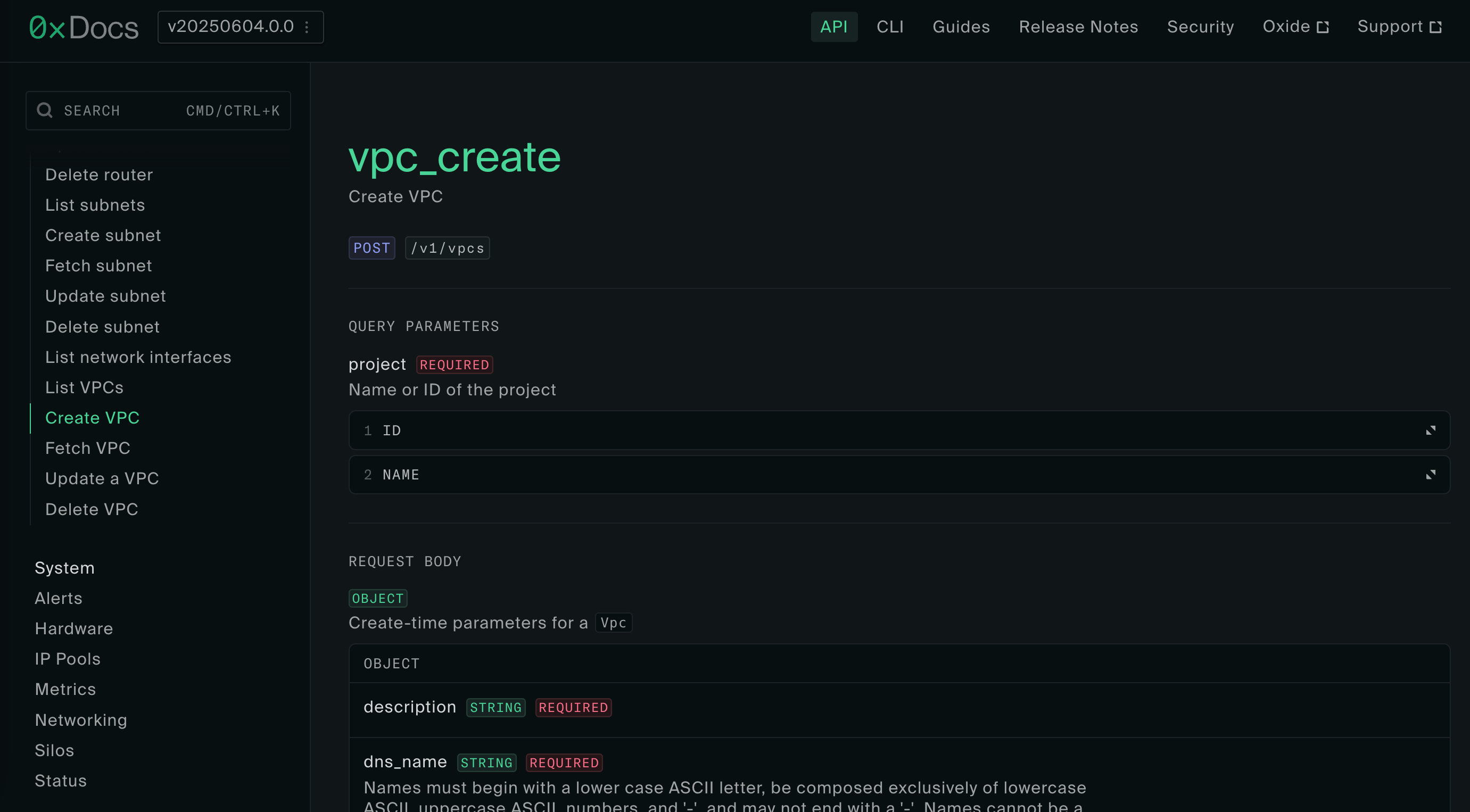 Oxide docs, api, vpc_create
