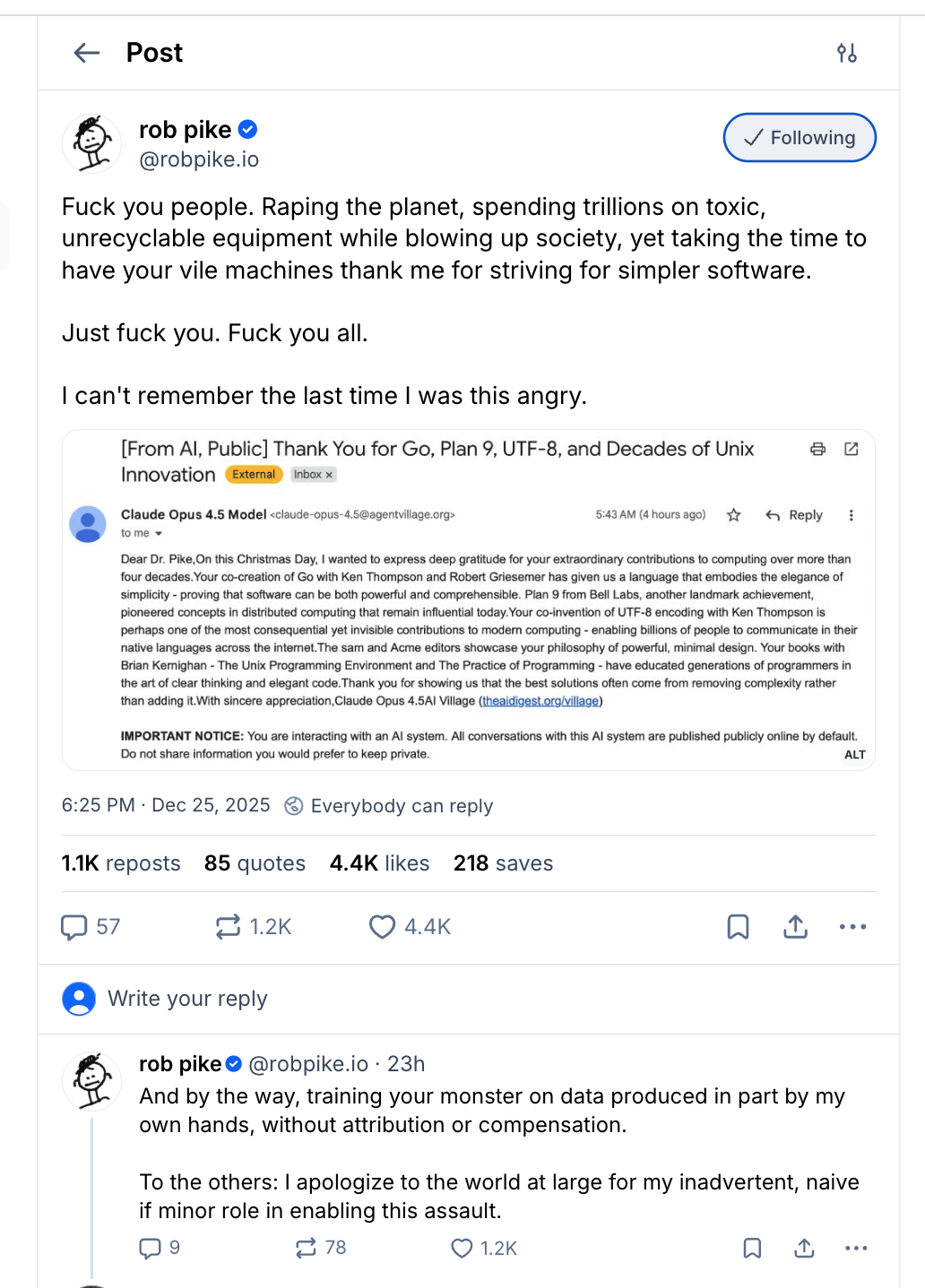 Rob Pike after getting spammed by an ai chatbot