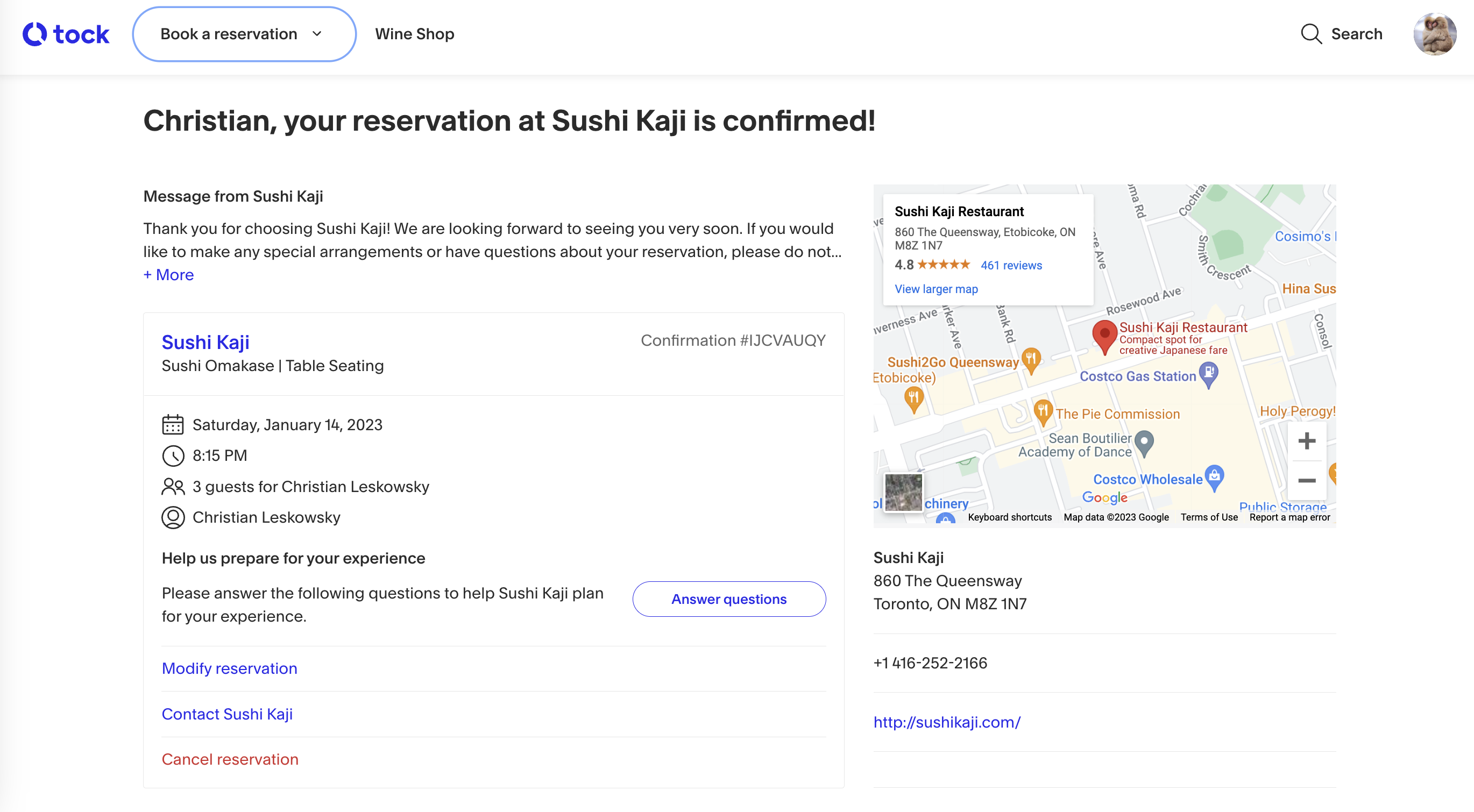 A reservation confirmation screen