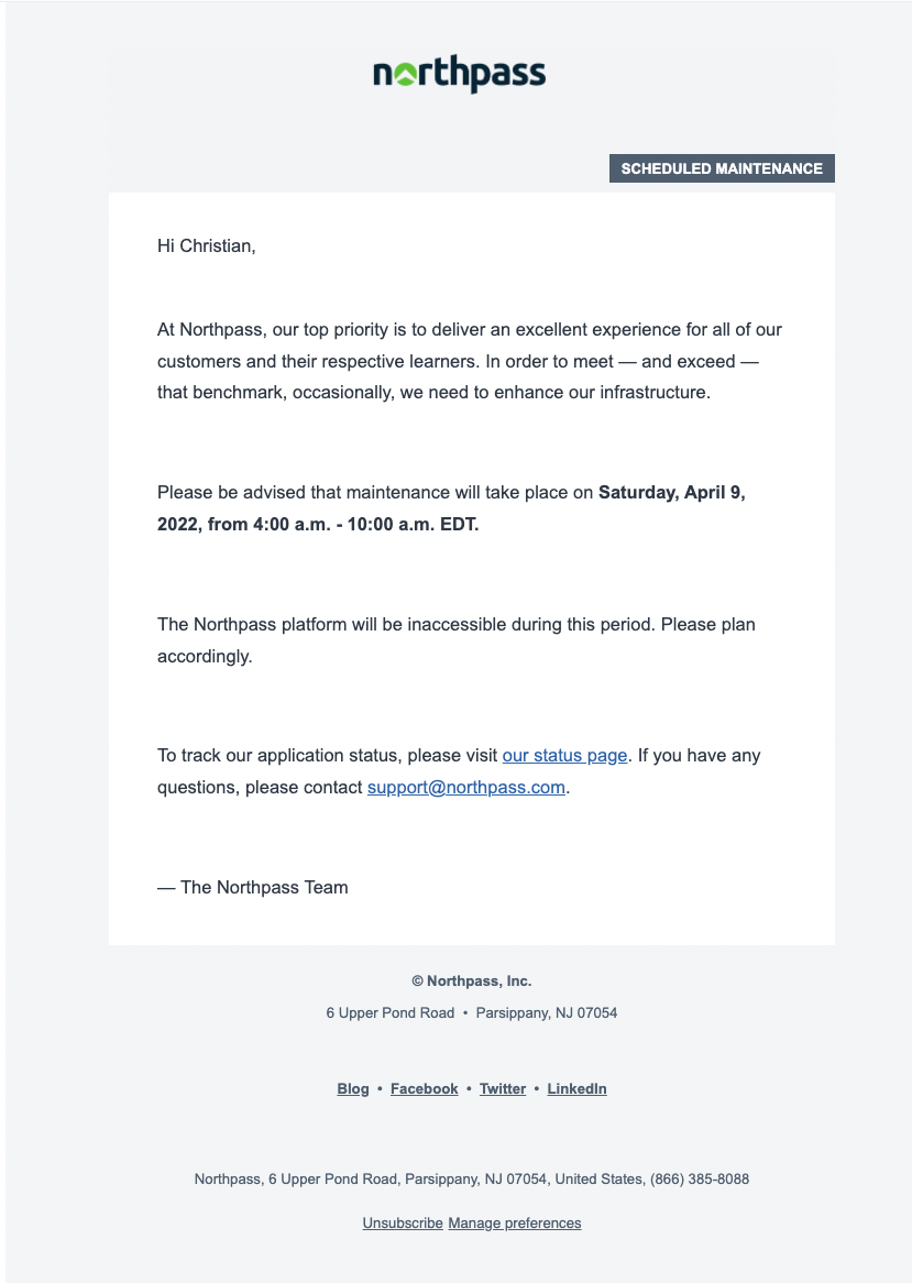 NorthPass scheduled maintenance email